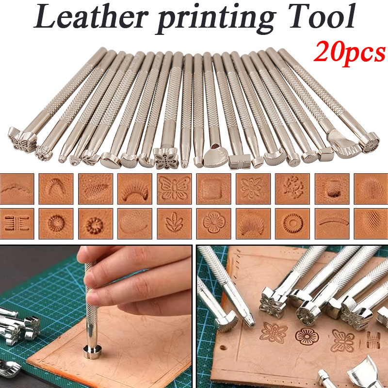 Leatherwork Punching Tool - 20-teiliges Leder-Siegel-Gravurwerkzeug-Set, Stempel- und Prägewerkzeug-Kit, Gravurwerkzeuge